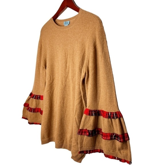 TWO BEES CASHMERE NEW Plaid Bell Sleeve Cashmere Sweater Size XL in Camel Tan - Picture 3 of 14